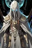 Placeholder: Anime alien villain character with white skin, huge , evil, smart,too much modern armour and wearing a robe cover half of his head , aged thousand years