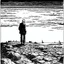 Placeholder: a alone man. pen and ink, birds eye view, illustrated by hergé, Background space and earth