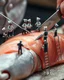 Placeholder: Ultra-realistic macro photography of a zershk polo, with only a portion of its massive body visible. Tiny chefs in professional kitchen uniforms are working together to slice a single, giant piece of sashimi. Some chefs are standing on scaffolding, each holding a traditional Japanese cooking knife as they carefully carve the sashimi with precision. The scene is highly detailed and photorealistic, capturing the rich texture of the fish and the intricate teamwork of the miniature chefs.
