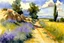 Placeholder: Sunny day, clouds, dirt road, flowers, mountains, big rocks, trees, sci-fi, john singer sargent watercolor paintings