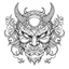 Placeholder: White, minimalis line art , oni mask japanes , vector, white background, outline, with images neatly contained within the background, just black and white color, tatto style.