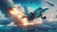 Placeholder: fighter jet shoots at passenger plane and it explodes while flying over the ocean