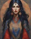 Placeholder: painting in a highly stylized, cinematic art style depicts a beautiful woman with long, flowing dark hair and dark eyes, adorned with a red bindi on her forehead and red lipstick. She is wearing an elaborate robe composed of dark blue, blue, gray, and gold fabric with a pattern of gold circles and abstract shapes, including some red and orange elements. The woman is positioned with her right shoulder partially exposed, revealing a glimpse of her dark skin. Her dark hair cascades dramatically aro