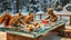 Placeholder: ice bear squirrel raccoons squids playing mini golf nuts hockey on super long glass table with high glass rims on ceres