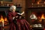 Placeholder: create an elegant old English parlor scene, noble elderly woman in richly detailed 1800s gown, seated by a roaring fireplace in a rocking chair, reading as a fluffy Persian cat with glowing green eyes rests on her lap, candlelight flickering, antique wallpaper, teacup and porcelain tray nearby --ar 3:2 --v 7 --style raw