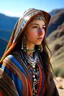 Placeholder: Young Berber woman, detailed, hyper realistic, wearing a vibrant Amazigh dress adorned with geometric patterns, silver jewelry glinting in the sun, standing proudly in the Atlas Mountains.