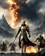 Placeholder: A length photography realistic details, of battlefield the Handsome King Guardian Elven,wearing dress luxurious steel armor decorative golden,running action hold sword as leader,he on bring and leading armys groups following from back side ,big mountain eruption blow fire background with epic lightning bolts in the sky and a dragon flying in the sky and some ruins in the foreground