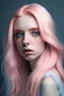 Placeholder: Hyper realistic model with long pastel pink hair and blue eyes