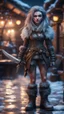 Placeholder: wearable tech, ducks mane,moon, fluffy boots, full figure with metallic stone gauntlets holding dark jagged dagger, standing on frozen wet tiled floor outside fantasy tavern, focused female brownie vampire gnome from worms armageddon wearing makeup, bokeh like f/0.8, tilt-shift lens 8k, high detail, smooth render, down-light, unreal engine, prize winning