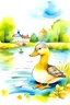 Placeholder: little female duck, park with lake, school, illustration, watercolor, cartoon