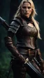 Placeholder: blonde female hunter wearing leather half armour dark fantasy Realistic 4k