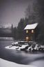 Placeholder: old cabin in a snow storm at night by a lake