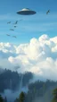 Placeholder: ufo spaceship in the cloud in the background big birds with a lot of clouds and waterfalls and trees