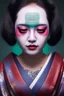 Placeholder: japan head portrait,geisha makeup, meditation, galaxy sky, 8k quality , portrait,beautiful ghost in the shell , post-apocalyptic in a sin city, realistic, intriacte detail, sci-fi fantasy style, volumetric lighting,24mm , particales,highly detailed,cinematic, deep purple , green eyes .