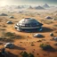 Placeholder: futuristic ships, start of an exoplanet colonization with not much greenery, desert planet and some fields of agriculture with peasants in the fields, realistic