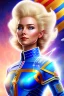 Placeholder: young cosmic woman admiral from the future, one fine whole face, large cosmic forehead, crystalline skin, expressive blue eyes, blue hair, smiling lips, very nice smile, costume pleiadian,rainbow ufo Beautiful tall woman pleiadian Galactic commander, ship, perfect datailed golden galactic suit, high rank, long blond hair, hand whit five perfect detailed finger, amazing big blue eyes, smilling mouth, high drfinition lips, cosmic happiness, bright colors, blue, pink, gold, jewels, realistic, real