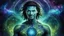 Placeholder: beautiful gorgeous young man na'vi with long hair, Avatar, blue skin, two small ears, green eyes, black hair, in cosmic suit, galactic ambiance, medium pointy goatee , smiling, nebulas and sacred geometry light figures on the backgroud,