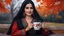 Placeholder: Hyper Realistic Photographic Close Face Shot Of A Beautiful Pashto Woman With Beautiful Black Hair Wearing A Black With Silver Red Embroidery Dress And Black Dupatta, Happily Sitting On A Bench Holding A Mug Of Hot Tea With Smoke Coming Out From Mug Enjoying Beautiful Full Moon In A Beautiful Garden With Orange Dry Leaves Falling From Trees In Autumn Season At Cloudy Night With Fireflies Around Her Showing Dramatic And Cinematic Ambiance.