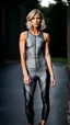 Placeholder: photography of a beautiful anorexic woman, grey satin triathlon top, sports illustrated, blond short wavy bob haircut, pronounced sternum, flat chest, anthracite cycling leggins