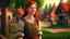 Placeholder: A photorealistic image of a red-haired, slender fantasy woman, winking and smiling, standing in a village common, surrounded by many thatched cottages and shops, under a large tree, early in the morning.