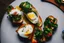 Placeholder: Bruschetta with chard, spinach, poached egg and dukkah plate, on table outside, using the Sony Alpha A7R IV, food photograpy style, macro lens, close up shot 50mm f/ 1.4