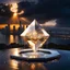 Placeholder: In a mesmerizing scene, envision 4 diamond and silver and gold symetric hexagonal prism repeating 3d mandelbolb fractal structure halfly filled with water splash against the backdrop of a gleaming modern futuristic future stormy sunset cityscape. Suddenly, without warning, the hexagonal prism begin to collapse and drops to the water making water splashes, creating a symphony of light and sound as they shatter into a myriad of sparkling fragments. Explore the juxtaposition of beauty and destructi