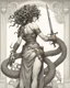 Placeholder: full-length, detailed persona, sword in hand, gorgon medusa, from the back, half-turn, leaning on one leg