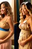 Placeholder: Gina Rodriguez mid-transformation, hair shifts to blonde curls, maternity dress adjusts, tightens around waist and hips, subtle pregnancy bump emerges, facial features refine, evolving into a radiant appearance. Maternity dress now conforms more gracefully, hinting at the emerging curves, waist, and pregnant silhouette. The changing room, softly illuminated, mystical symbols enhancing the ambiance, capturing the enchantment as Gina undergoes the magical journey at "The Mystic Emporium."