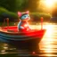 Placeholder: cute blessed chat robot sailing on a fishlike boat in the river,catching a big fish in a river stream, 8k, downlight, soft light, depth of field, photorealism, trending on art station, lotsa detail