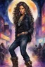 Placeholder: Create a watercolor image of an native american female wearing a black jean outfit with timberland boots. Prominent make up with hazel eyes. She is wearing large diamond hoop earrings. Extremely highly detailed very long curly hair that shines. Background of a night club.