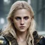 Placeholder: Photorealistic close-up of a beautiful blonde warrior with dystopian clothes and background