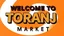 Placeholder: A design with the words (WELCOM TO TORANJ PLUS MARKET) in the middle of the image in a raised, three-dimensional manner with black shadows around the words on a saccodolic orange, red, and white background.