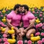 Placeholder: 2 big hairy muscular men in velvet Prada shirts are kissing each other and sitting in a field of pink roses next to yellow plastic ducks and gift boxes next to them