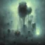 Placeholder: photographic camera in abstract style. fog and smoke in atmosphere. bokeh, lens flare. Dark mood. Dripping paint. oil on canvas, high detailed. beksinski