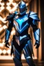 Placeholder: neon blue, floating parts of armor in form triangle of light orbiting behind the back, cyber armor, geometric patterns on armor, male, orbiting triangle