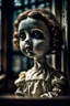Placeholder: ooking at the camera a high realistic porcelain doll, old, dirty with old dress, sitting on shelf, in background blur cracked window. The figure has cracked face and head, and big black eyes. High contrast, cinematic, thriller, dark, atmospheric. Surreal style , perfect composition, sharp focus, intricate details, crepy stunning