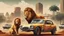 Placeholder: "I'm envisioning a sensational poster for '<Achayo> Vintage Rally Racing: Car vs. Lion Showdown.' The backdrop should showcase an Ethiopian cityscape, providing an urban setting for the vintage rally action. In the foreground, a stylish vintage rally car stands ready, its driver geared up for the ultimate showdown. Next to the car stands a majestic lion, symbolizing the power and strength of nature. Use earthy tones for the city background, vibrant colors for the rally car, and natural tones for