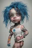 Placeholder: a deformed girl with an amputated arm and an amputated leg and three finger missing and a black eye and a blue eye and really funky hair