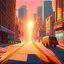 Placeholder: empty vampire city street morning sun is rising and starting to appear above sky scrapers cartoon, street tarmac is one whole piece and van selling fruit and vegetables is on the street and exhaust coming from the rear