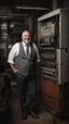 Placeholder: full figure shot photography of an italian smiling strong massive big chubby 50 year old man in smart gray suit, manly chest, unbuttoned shirt, short beard, shirtless, printer in an old printing house, next to a huge old printer, dim light, side light, ambient occlusion