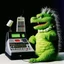 Placeholder: Godzilla as a baby muppet kawaii calling phone using a nokia, studio photo. Magazine 1980