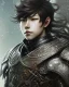 Placeholder: Detailed anime boy, dark brown hair, dragon scale armour, intricate details, full body portrait, keep head in frame, slight smile, black Japanese motif, concept art, highly detailed, digital painting, concept art, sharp focus, illustration, art by Yoji Shinkawa, WLOP and greg rutkowski and alphonse mucha and artgerm and yanjun Chen and Junji ito and Makoto Shinkai, HDR, octane render