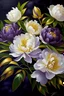 Placeholder: painting of white small Peonies flowers with gold flowers in center of canvas dark purple background