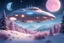 Placeholder: In a snowy and magical landscape with , a magnificent spaceship flies.The spaceship has soft shapes. The spaceship is silver and blue , very bright and sweet, and very refined with small portholes and lots of lights .In the foreground they are delicate and very small pink and yellow flowers The sky is dark blue with a crescent moon and stars. There are a lot of fir trees with snow. There is a frozen lake of turquoise water.. There are sparks of light everywhere.