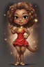 Placeholder: A fierce yet cute airbrushed cartoon black chibi Lioness cartoon girl standing proudly with her curvy body and head held high. Her brown skin has temporary golden Leo constellation tattoos. She raises her fist powerfully like a lion's paw, wearing a bold red dress representing her leadership qualities.