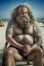 Placeholder: half-lenght Photography of turkish serious ugly dirty stocky muscular chubby 51 years old in swimwear, long beard, curly hair, tattoo, relaxed sitting on an a beach chair at the beach, crossed arms, open big manly legs, manly chest, photorealistic, angry eyes, sunshine, ambient occlusion, misery and poverty, desperation, redneck, highly detailed, frontal ground view , trending on artstation, sharp focus, studio photo, intricate details, highly detailed, by greg rutkowski