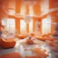 Placeholder: Surreal living room where everything is in plastic, sunny orange, even the walls and windows and shaggy carpet, futuristics