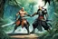 Placeholder: (in the style of Orion, by Masamune Shirow) DUEL: a tattooed gangsta monk with his staff fights against a paladin knight with his two handed sword zweihander in the jungle