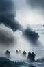 Placeholder: Marines italiani sbarcano sulla costa, sulle onde alte dell'oceano con vapore scuro e nebbia