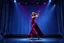 Placeholder: modern stage with gray-blue theme artistic decoration , color full dynamic lighting, a beautiful lady in modern maxy dark purple red dress with shining silver jwells dancing, 3D recursive fractal structure animating background